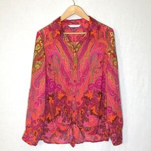Peter Nygard Women's Paisley Print Button Down Tie Front Long Sleeve Shirt M
